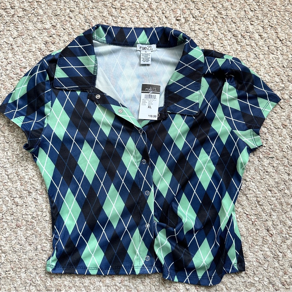 Blue/Green plaid crop top shirt in the size XL